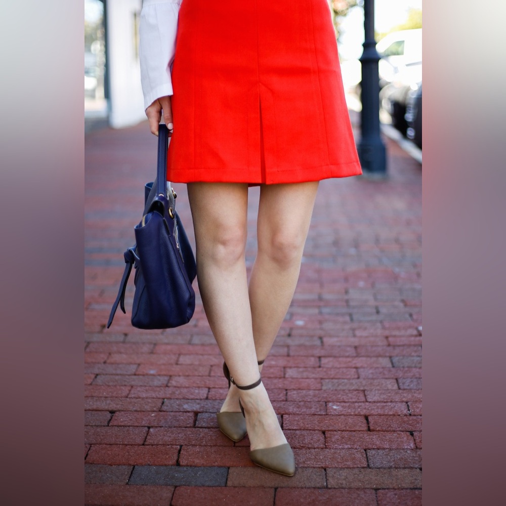 LOFT Poppy Red Orange A-Line Front Pleat Retro Office Career Textured Skirt 10 - Picture 1 of 9